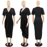 Sexy V-Neck Solid Smocked Slit Summer Dress