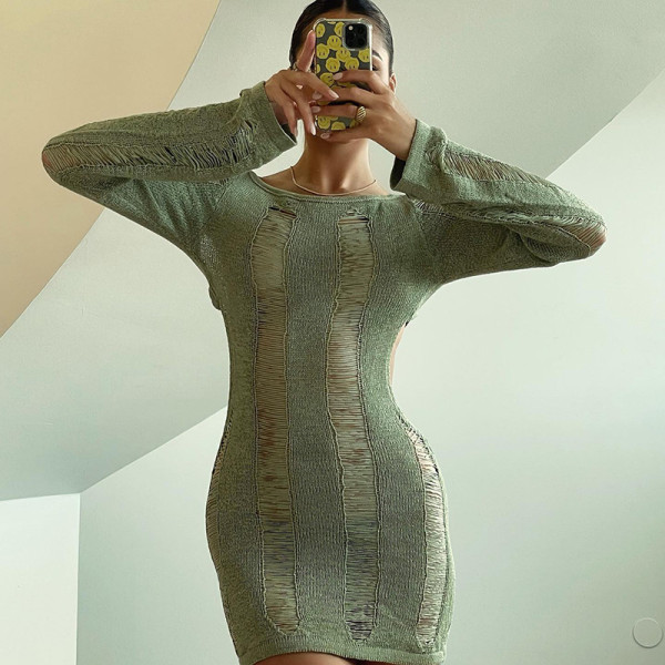 Sexy Cutout Open Back Tie Long Sleeve Slim Fit Knit Dress