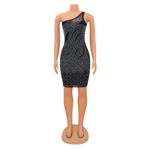 Women's sexy tight-fitting mesh see-through nightclub hot drill dress