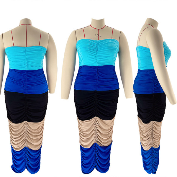 Plus Size Women's Contrast Stitching Ruffled Sexy Off-the-Shoulder Wrap Dress