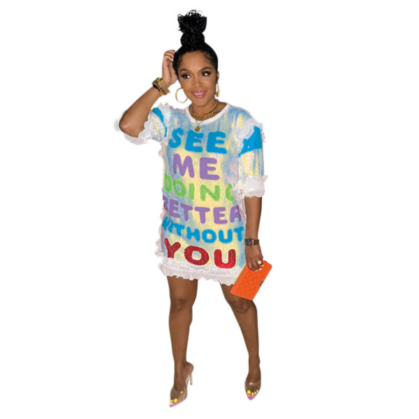 Fashion Casual Print Letter Velvet Sequin Dress