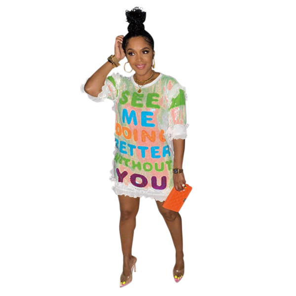 Fashion Casual Print Letter Velvet Sequin Dress