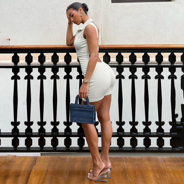 Polo Neck Solid Color Open Back Sleeveless Tank Top Shorts