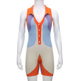 Elegant Women's Wool Stitching Contrast Color Polo Neck Buttoned Sleeveless Jumpsuit Shorts