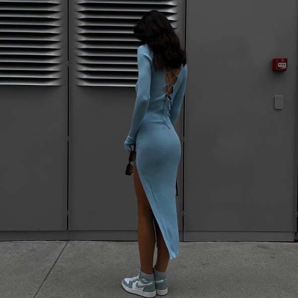 Women's Dress Sexy Tight Backless Slit Long Sleeve Hip Dress