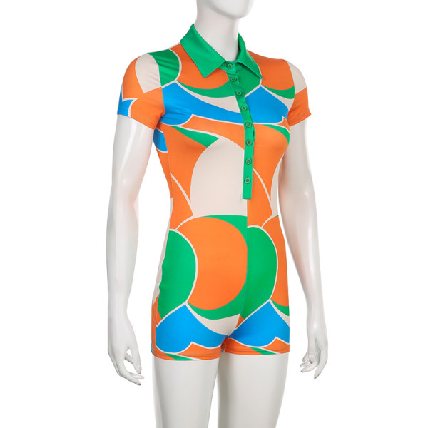 Colorblock Print Colorblock Polo Neck Buttoned Casual Short Sleeve Jumpsuit