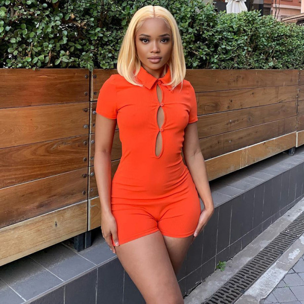 Sexy Hollow Polo Neck Hot Girl Casual Sports Solid Color One Piece Shorts