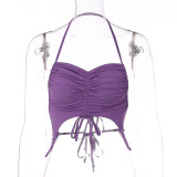 halterneck smocked open-back lace-up camisole