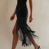 fringed sexy tube top slit dress