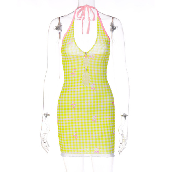 Lace-up halterneck open-back gingham print pack hip dress