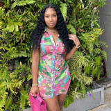Fashion Women Summer Colorful Print Lapel Breasted Pleated Short Sleeve Shirt Skirt