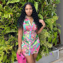 Fashion Women Summer Colorful Print Lapel Breasted Pleated Short Sleeve Shirt Skirt Fashion Women Summer Colorful Print Lapel Breasted Pleated Short Sleeve Shirt Skirt