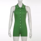 Solid Polo Neck Buttoned Sleeveless Tank Top Jumpsuit