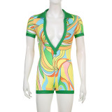 Irregular Colorblock Print Polo Neck Sexy Short Sleeve Jumpsuit Shorts