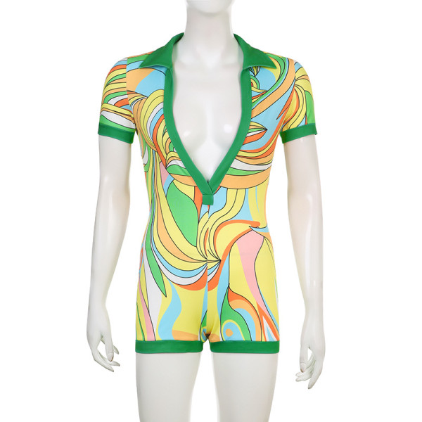 Irregular Colorblock Print Polo Neck Sexy Short Sleeve Jumpsuit Shorts