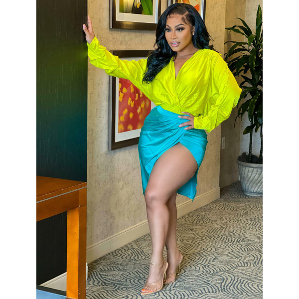 Women's Fashion Sexy Long Sleeve Colorblock Two Piece Suit