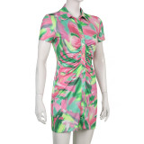 Fashion Women Summer Colorful Print Lapel Breasted Pleated Short Sleeve Shirt Skirt