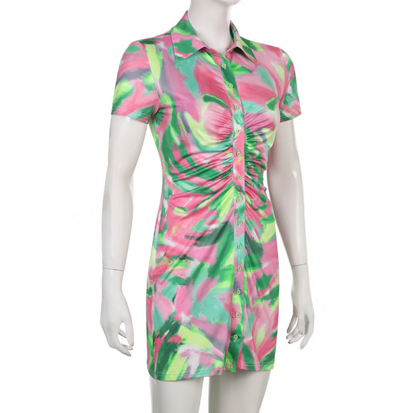 Fashion Women Summer Colorful Print Lapel Breasted Pleated Short Sleeve Shirt Skirt