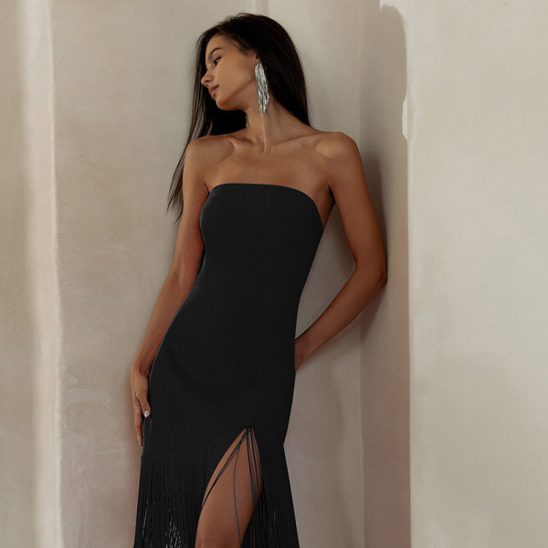 fringed sexy tube top slit dress