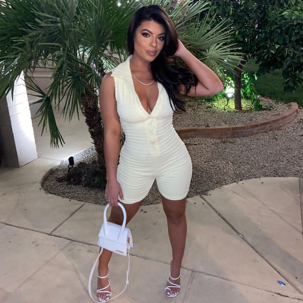 Polo Neck Solid Color Open Back Sleeveless Tank Top Shorts