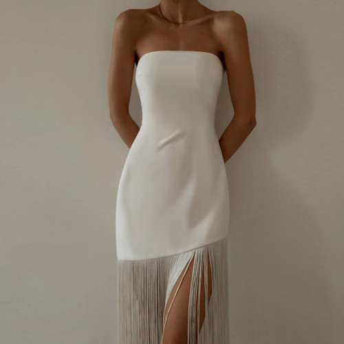fringed sexy tube top slit dress