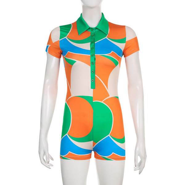 Colorblock Print Colorblock Polo Neck Buttoned Casual Short Sleeve Jumpsuit