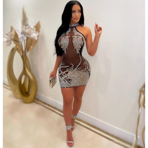 Sexy tight-fitting mesh hot drill see-through nightclub ladies dress