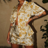 Printed Polo Collar Shirt Top Skirt Casual Set