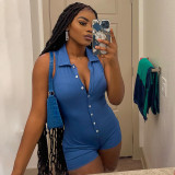 Solid Polo Neck Buttoned Sleeveless Tank Top Jumpsuit
