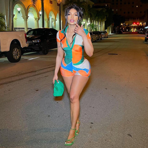 Colorblock Print Colorblock Polo Neck Buttoned Casual Short Sleeve Jumpsuit