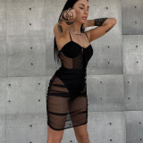 Solid color mesh stitching sexy hot girl suspender dress