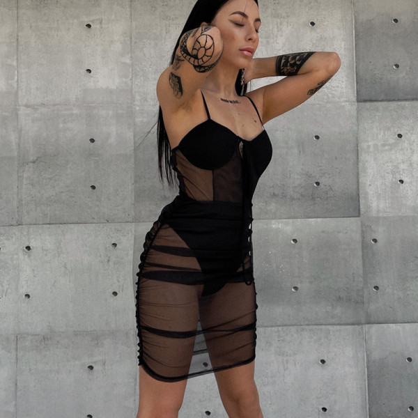 Solid color mesh stitching sexy hot girl suspender dress