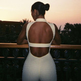 Polo Neck Solid Color Open Back Sleeveless Tank Top Shorts
