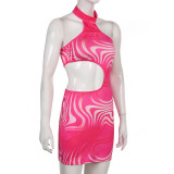 Cutout Ripple Print Halter Irregular Fitted Dress