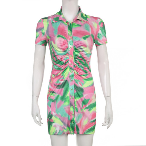Fashion Women Summer Colorful Print Lapel Breasted Pleated Short Sleeve Shirt Skirt