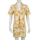 Printed Polo Collar Shirt Top Skirt Casual Set