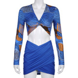 Printed top crossover irregular skirt suit