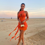 solid color halterneck streamer dress