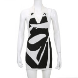 Sexy Women's Color Block Splicing Contrast Polo Neck Sleeveless Backless Knit Dress Short Skirt