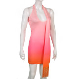 fringed gradient low neck halterneck slim dress skirt