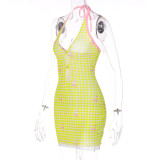 Lace-up halterneck open-back gingham print pack hip dress