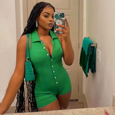 Solid Polo Neck Buttoned Sleeveless Tank Top Jumpsuit