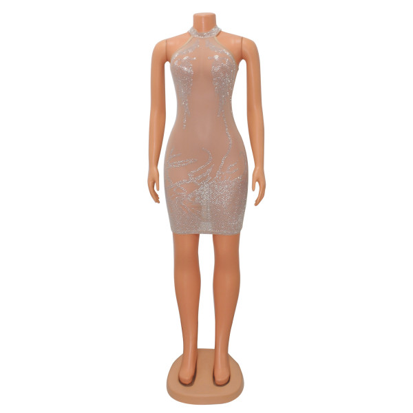 Sexy tight-fitting mesh hot drill see-through nightclub ladies dress