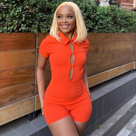 Sexy Hollow Polo Neck Hot Girl Casual Sports Solid Color One Piece Shorts
