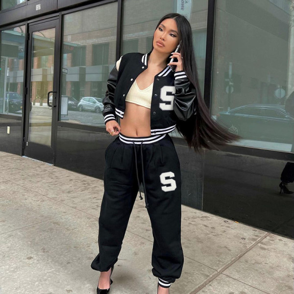 Fashion letter contrast color stitching PU leather baseball jacket