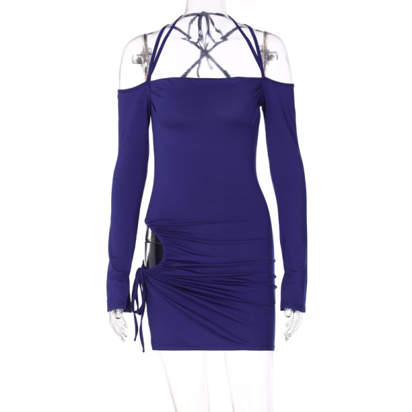 Waist Drawstring Cutout Lace-Up Halter Dress