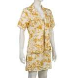 Printed Polo Collar Shirt Top Skirt Casual Set