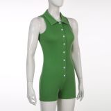 Solid Polo Neck Buttoned Sleeveless Tank Top Jumpsuit