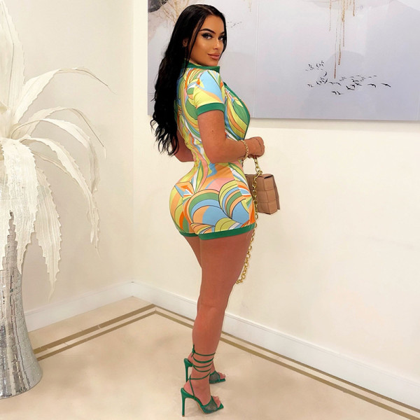 Irregular Colorblock Print Polo Neck Sexy Short Sleeve Jumpsuit Shorts