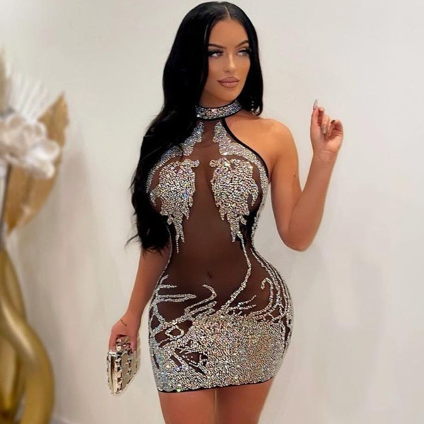 Sexy tight-fitting mesh hot drill see-through nightclub ladies dress